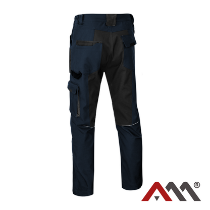 Trpežne delovne hlače Artmas Classic Stretch Slim modre barve s črnimi šivi - pogled od zadaj