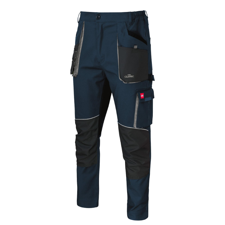 Moške oprijete delovne hlače do pasu Artmas Classic Stretch Slim v modri barvi - pogled od spredaj