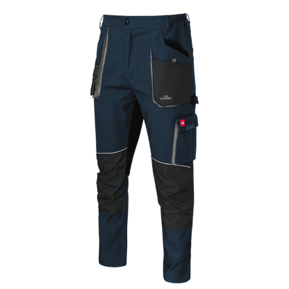 Moške oprijete delovne hlače do pasu Artmas Classic Stretch Slim v modri barvi - pogled od spredaj