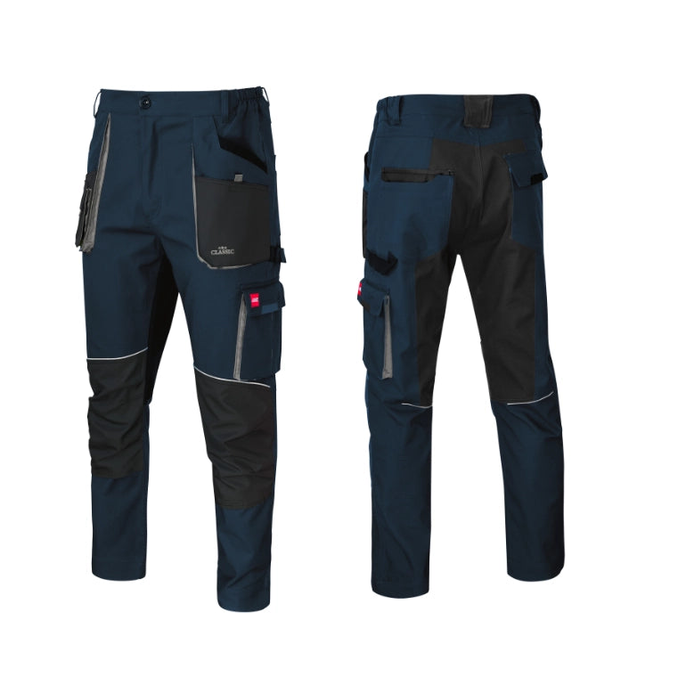 Predstavitev moških delovnih hlač Artmas Classic Stretch Slim v modri barvi – pogled od spredaj in od zadaj