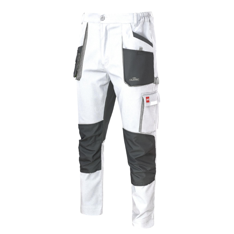 Moške bele elastične delovne hlače do pasu Artmas Classic Stretch Slim s sivo-črnimi detajli - pogled od spredaj