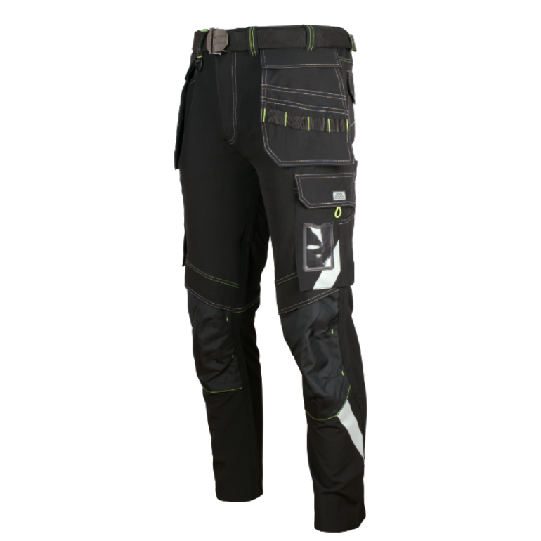 Moške delovne hlače Artmas Classic4Dynamic Softshell Stretch v grafitno sivi barvi z rumenimi detajli