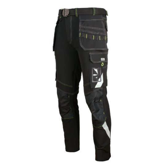 Moške delovne hlače Artmas Classic4Dynamic Softshell Stretch v grafitno sivi barvi z rumenimi detajli