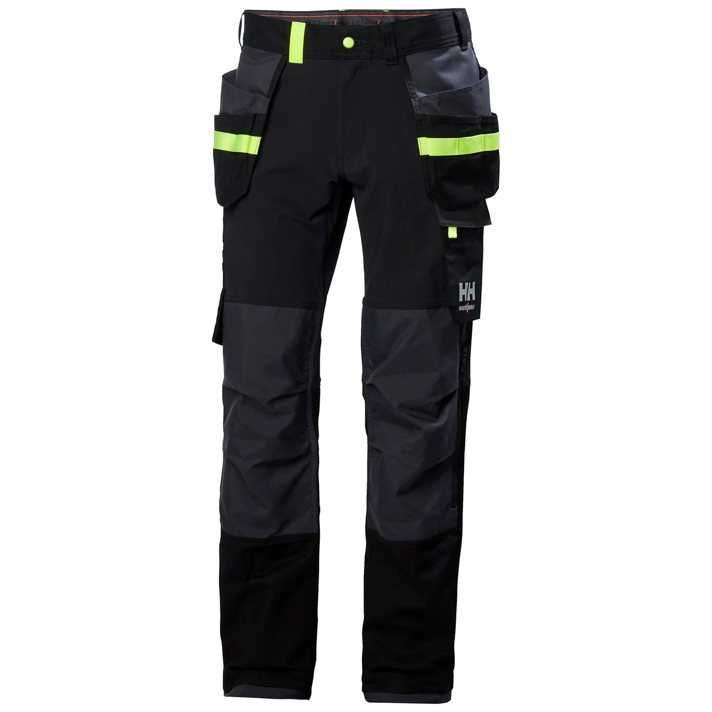 Moške črne premium delovne hlače s 4-way stretch prožnostjo Helly Hansen Oxford Construction - pogled od spredaj