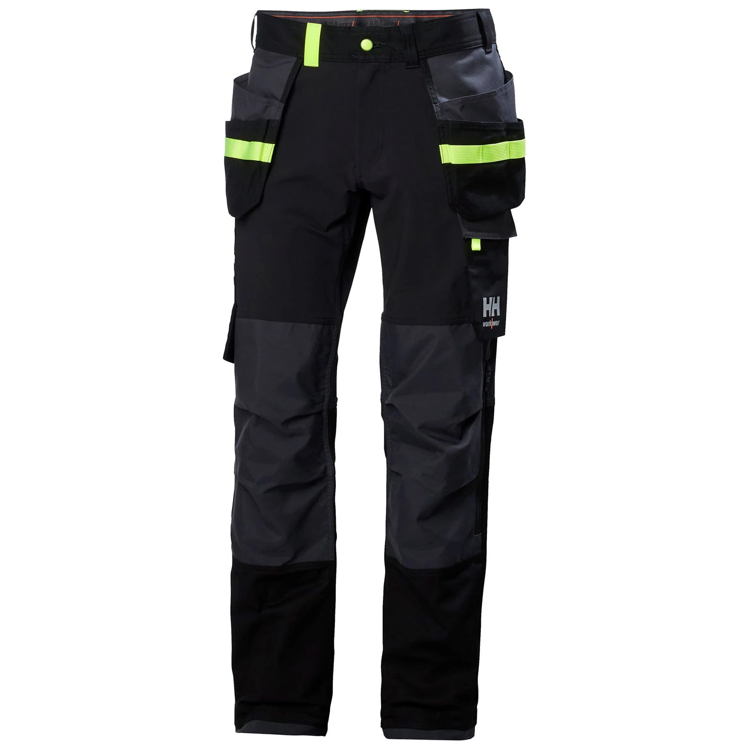 Moške črne premium delovne hlače s 4-way stretch prožnostjo Helly Hansen Oxford Construction - pogled od spredaj