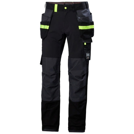 Moške črne premium delovne hlače s 4-way stretch prožnostjo Helly Hansen Oxford Construction - pogled od spredaj