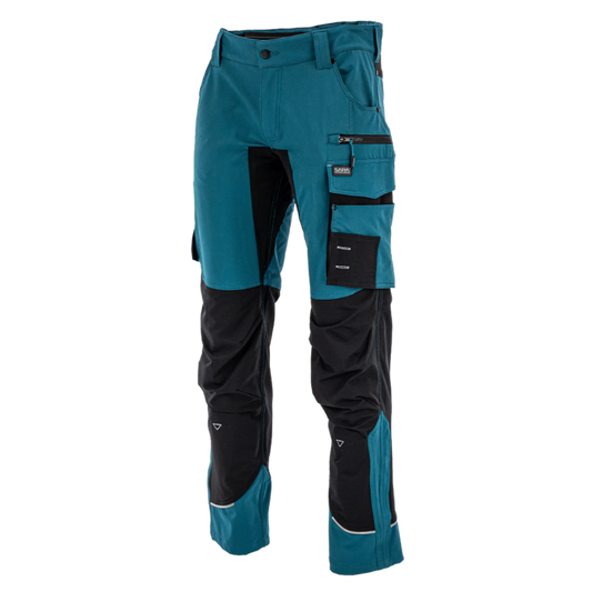 Moške elastične delovne hlače do pasu Sara Motionflex Stretch v petrol-črni barvi - pogled od spredaj