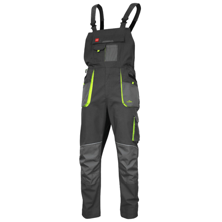Moške grafitno-zelene elastične delovne hlače z naramnicami Artmas Classic Stretch Slim - pogled od spredaj