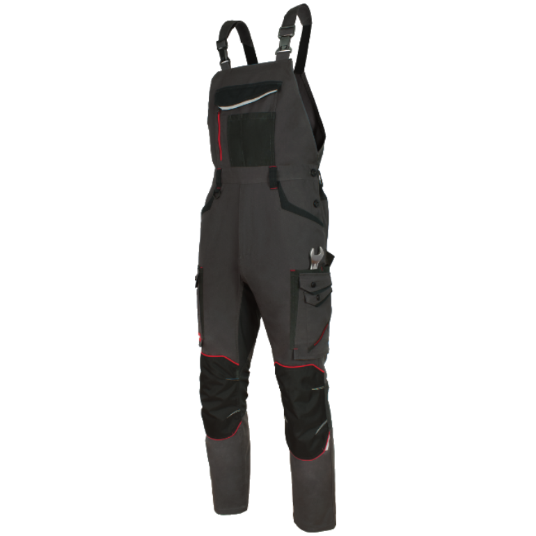 Moške delovne hlače z naramnicami Artmas Professional 4-Dynamic 4xStretch v grafitno črni barvi z rdečimi detajli