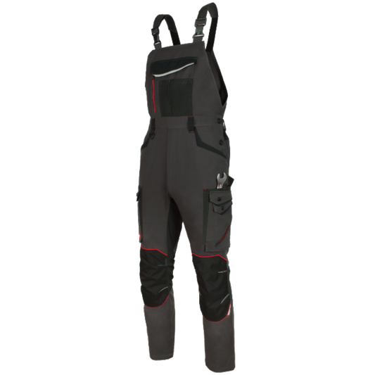 Moške delovne hlače z naramnicami Artmas Professional 4-Dynamic 4xStretch v grafitno črni barvi z rdečimi detajli