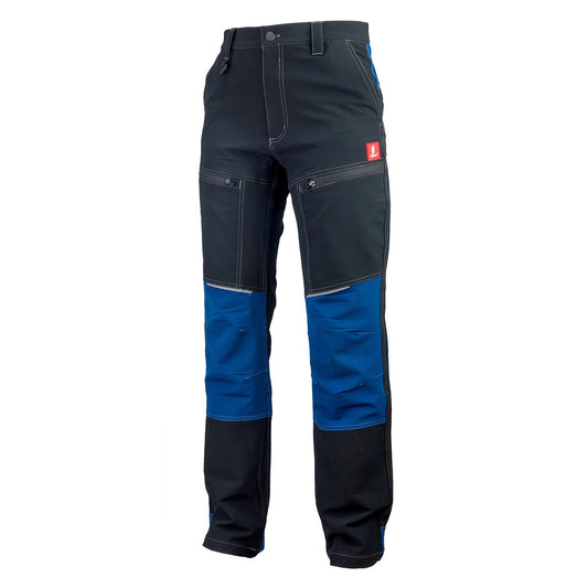 Moške grafitno-sive softshell delovne hlače Urgent 710 Stretch z modrimi detajli - pogled od spredaj